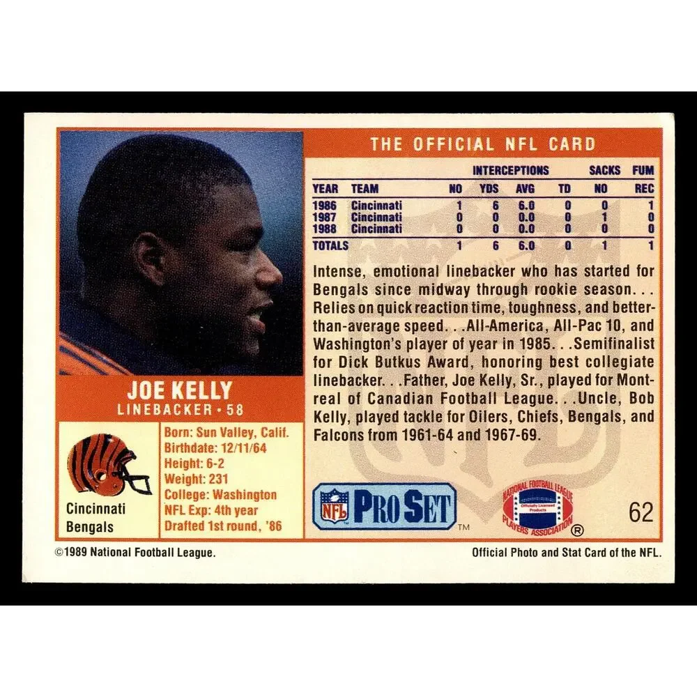 Vintage 1989 Pro Set #62 Joe Kelly Football Card